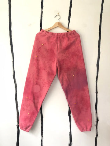pink tie dyed sequined sweatpants handmade with natural fabric dye