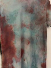 brown and blue detailing on natural tie dye t-shirt